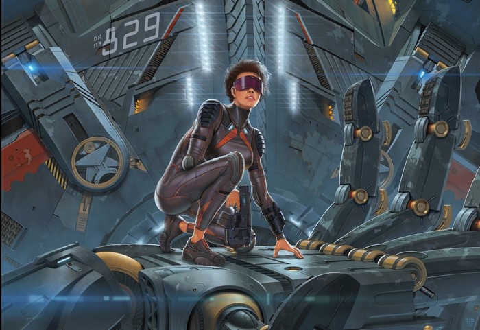 Woman in futuristic suit with goggles and gun