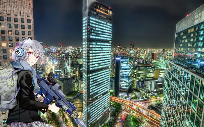 Anime girl with headphones and rifle in futuristic city at night
