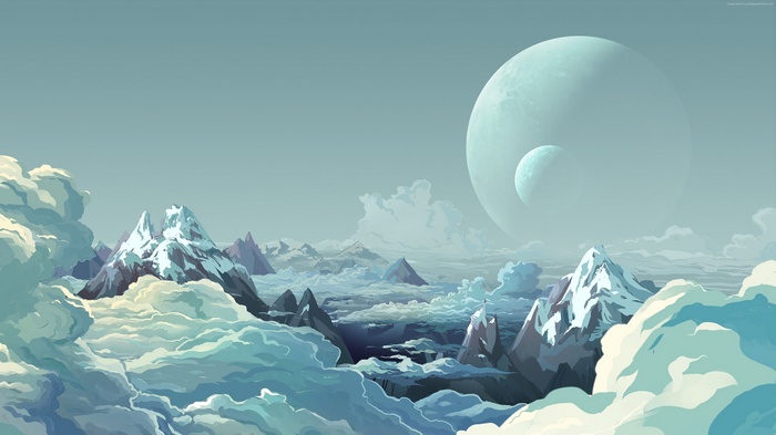 Snowy mountains and planets in the sky