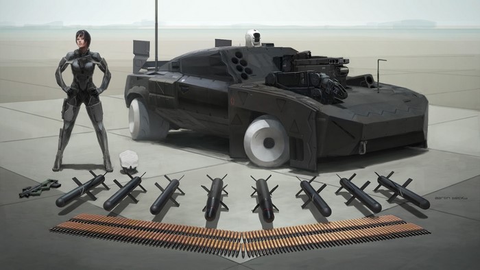 Futuristic armored car with weapons and soldier