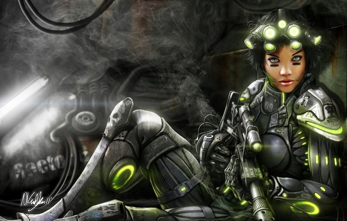 Cyberpunk soldier with futuristic gear and rifle