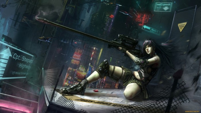 Cyberpunk sniper aiming in a futuristic city