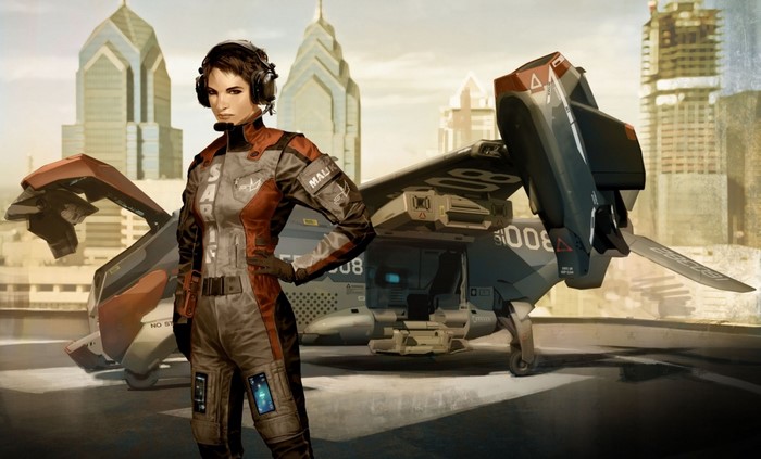 Faridah Malik from Deus Ex: Human Revolution with a VTOL aircraft