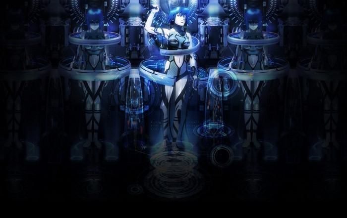 Motoko Kusanagi from Ghost in the Shell in futuristic pods