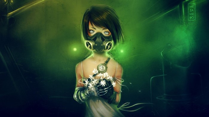 Girl with gas mask holding flowers in green futuristic setting