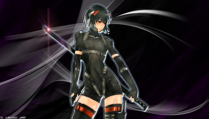 Anime girl with sword in cyberpunk outfit