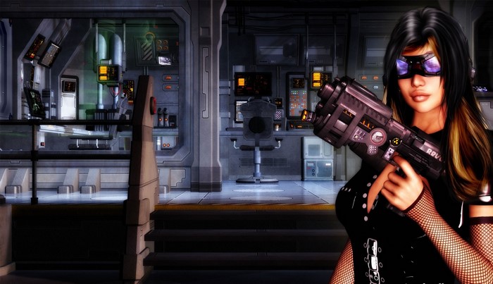 Cyberpunk woman with futuristic gun in a lab