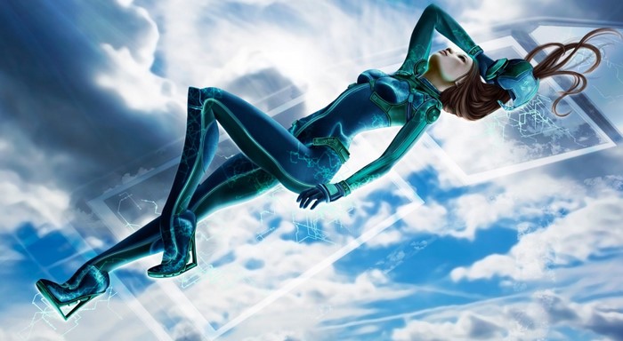 Futuristic woman in blue suit floating in the sky