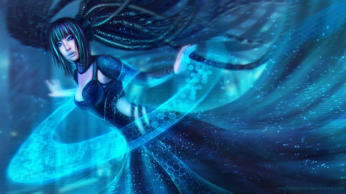 Cyberpunk woman with blue digital energy
