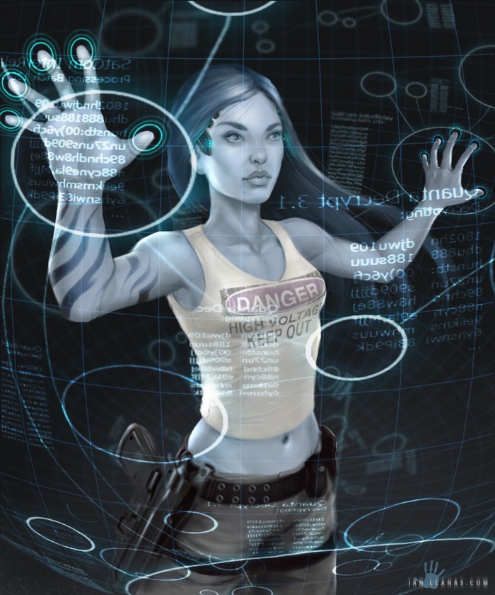 Cyberpunk woman interacting with futuristic interface