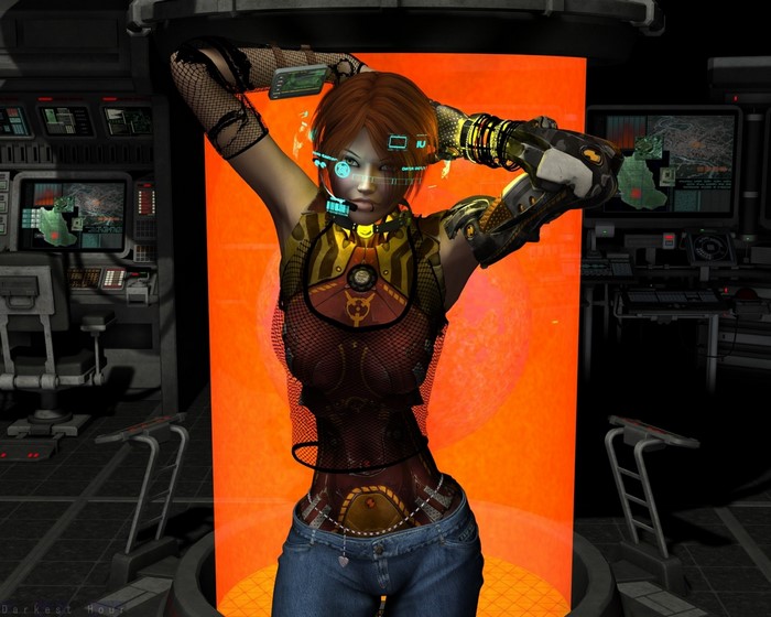 Cyberpunk woman in futuristic control room