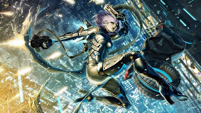 Cyberpunk anime girl with futuristic weapons in a chaotic city