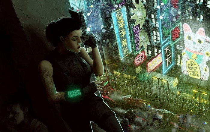 Cyberpunk woman with gun in neon city