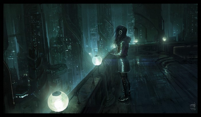 Girl with headphones in a futuristic city at night