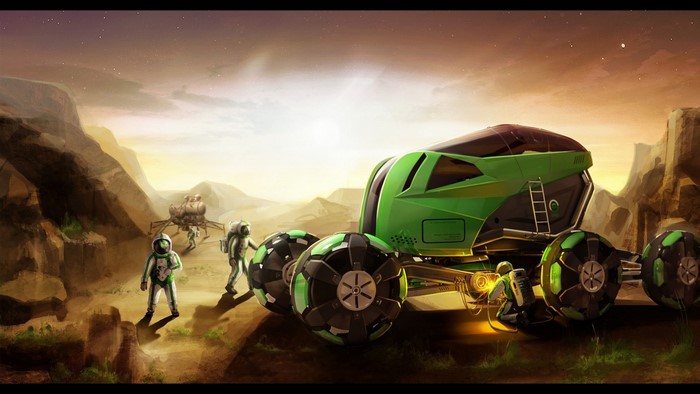 Astronauts and rover on a desolate alien planet