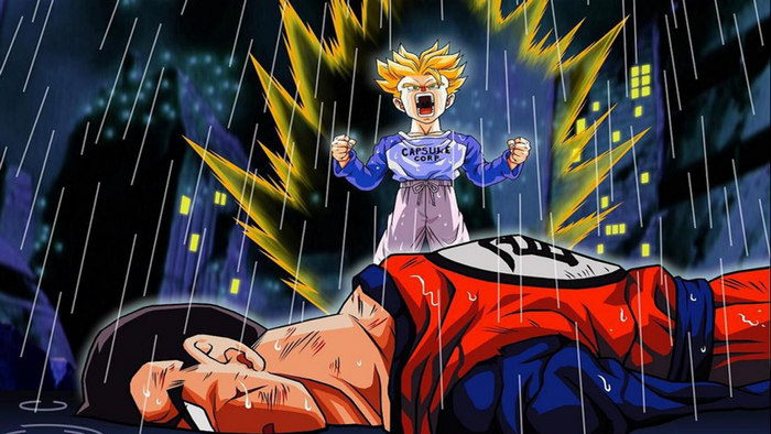 Trunks from Dragon Ball Z standing over fallen Goku