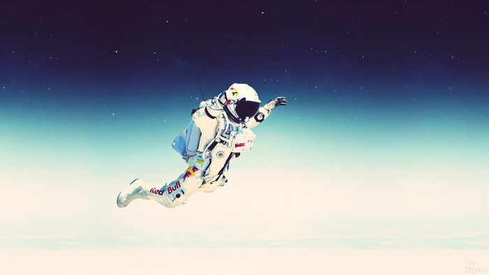 Felix Baumgartner in a Red Bull spacesuit during a jump
