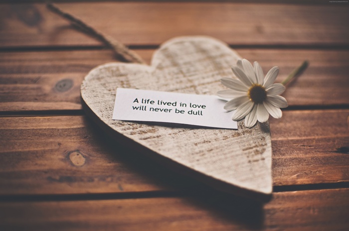 Wooden heart with a daisy and a love quote