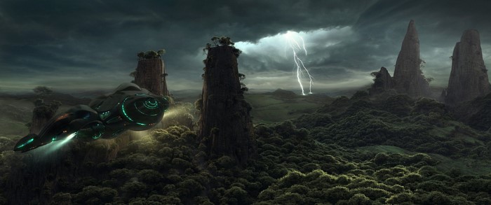 Spaceship flying over a dark, mountainous landscape with lightning