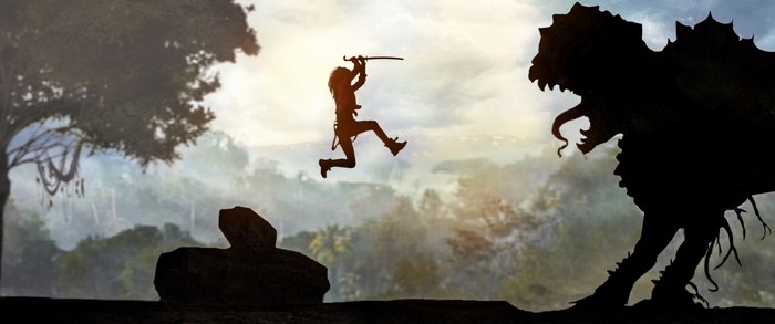 Silhouette of a warrior jumping towards a monster