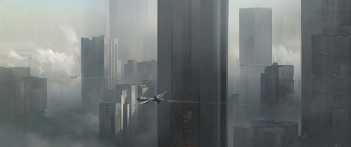 Futuristic city with flying vehicles in mist