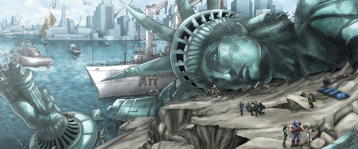 Statue of Liberty fallen in New York City with X-Men characters