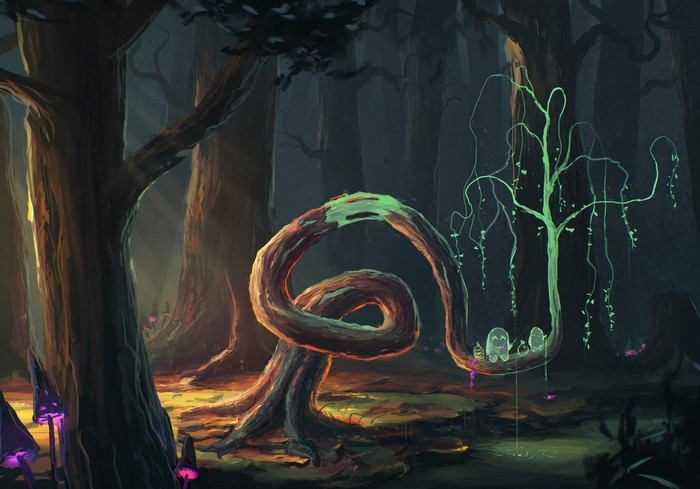 Fantasy forest with glowing mushrooms and twisted trees
