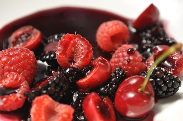 Mixed berries and cherries in syrup