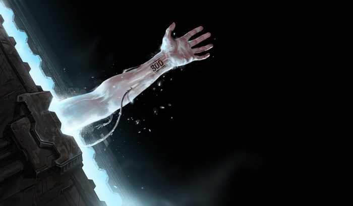 Futuristic artwork of a glowing robotic arm emerging from darkness