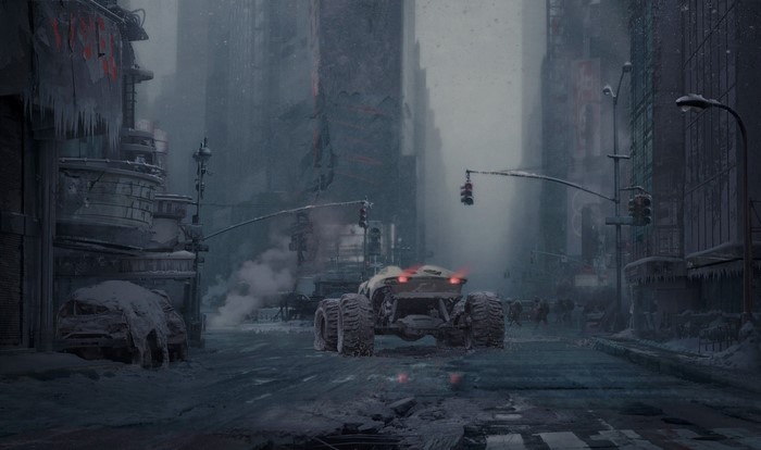 Futuristic city in a post-apocalyptic winter