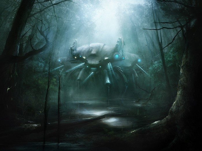 Giant mechanical crab-like mech in a dark, misty forest