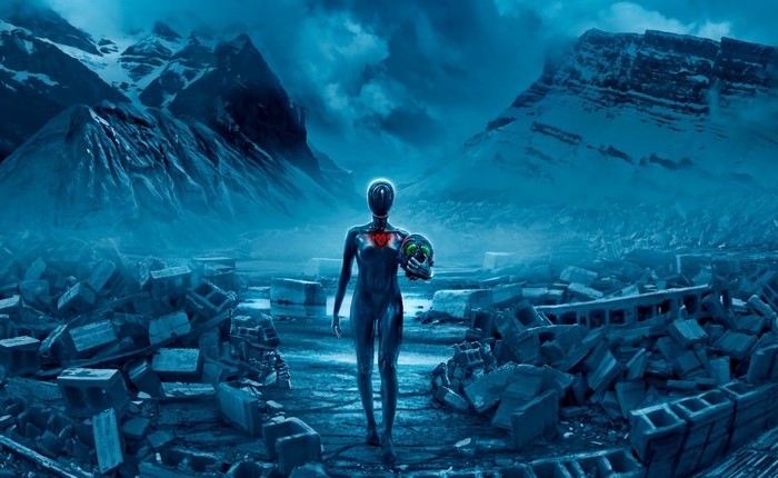 Apocalyptic scene with a figure holding a skull