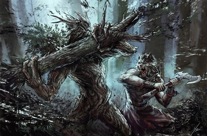 Tree creature fighting a werewolf with an axe in a forest