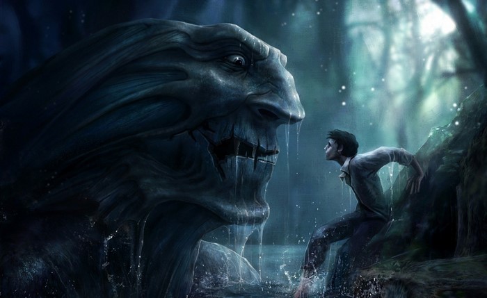 A boy confronts a giant stone creature in a dark forest