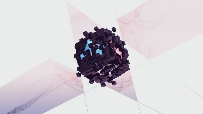 Abstract 3D cube made of smaller cubes with geometric background