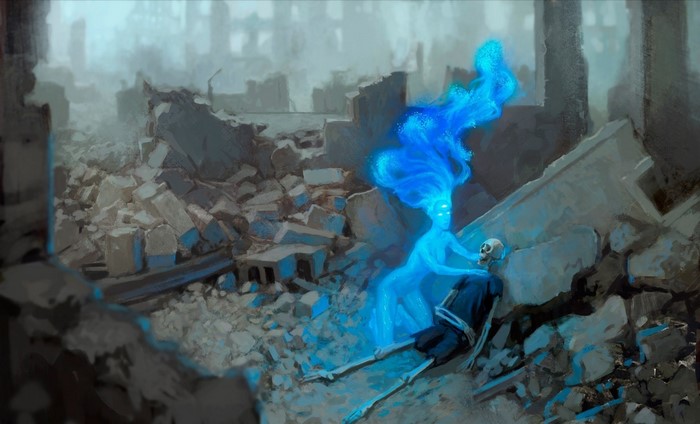 Blue spirit interacting with a skeleton in ruins