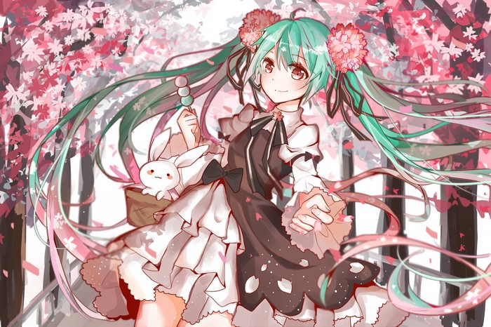Hatsune Miku with a rabbit and dango under cherry blossoms