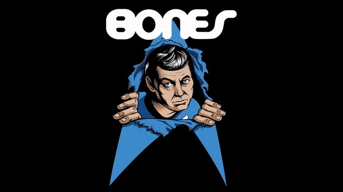 Bones illustration of a man tearing through blue fabric