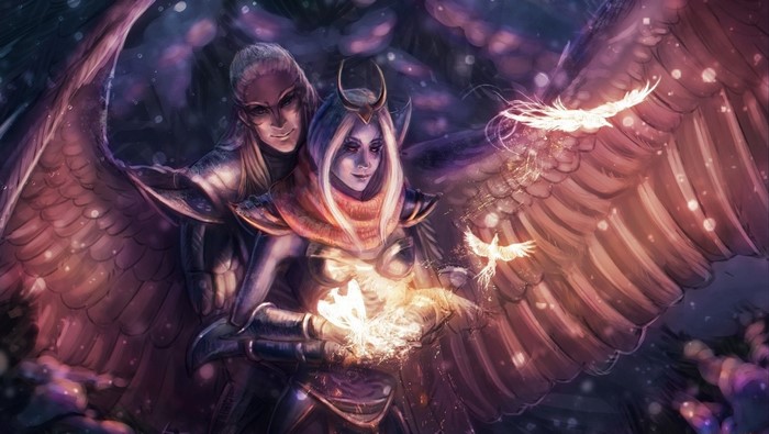Fantasy art of two winged beings with glowing birds