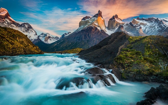Turquoise River and Snowy Peaks in Torres del Paine