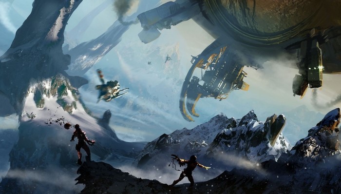 Science fiction artwork of a battle on a snowy mountain