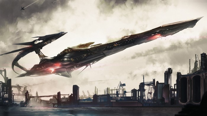 Science fiction battleship over industrial city