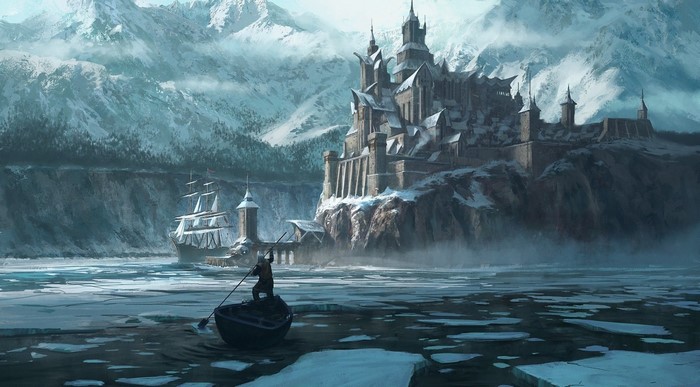 Fantasy castle on a snowy mountain with a ship and a boat