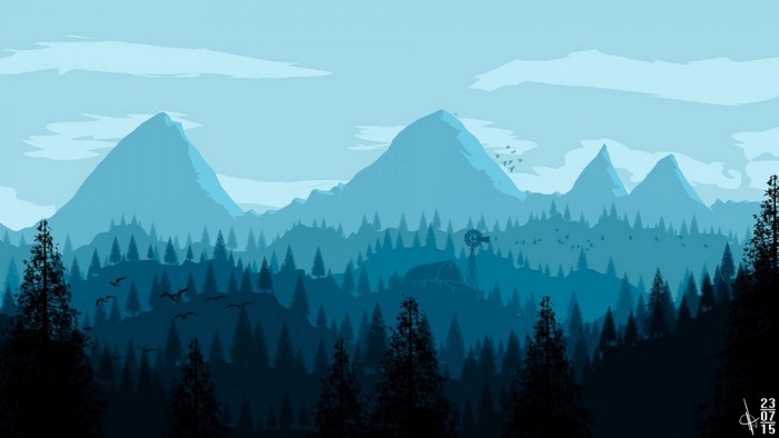 Misty blue mountains with a forest and birds