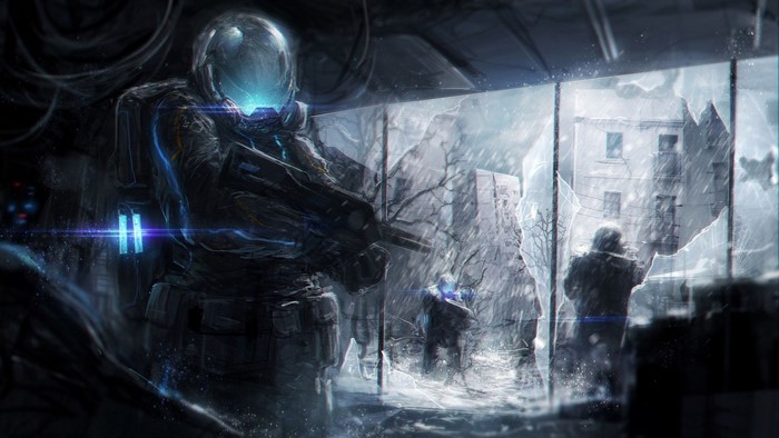 Futuristic soldier in a dark, snowy environment