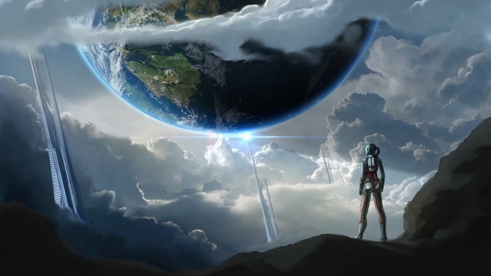 Futuristic artwork of Earth and a lone astronaut