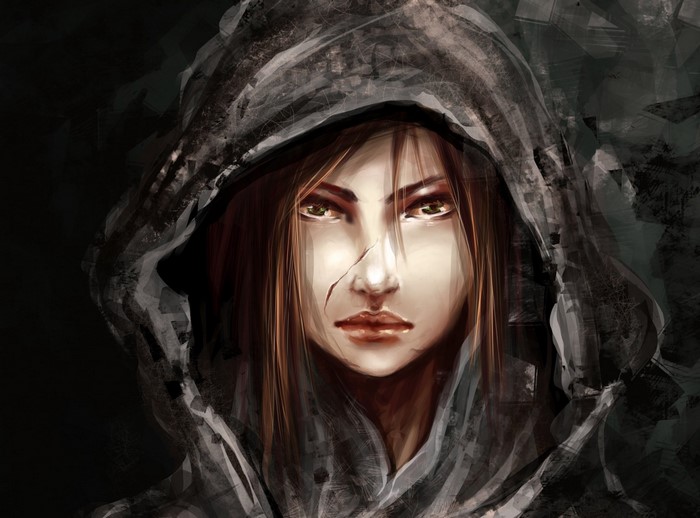 Portrait of a woman with a scar wearing a hood