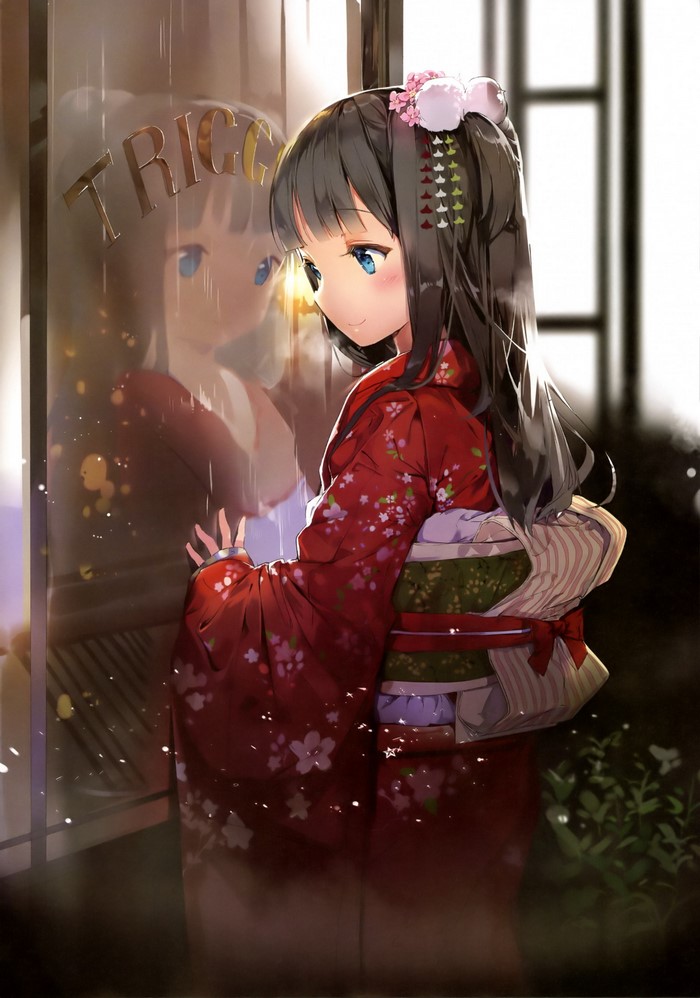 Girl in Red Kimono Looking at Reflection