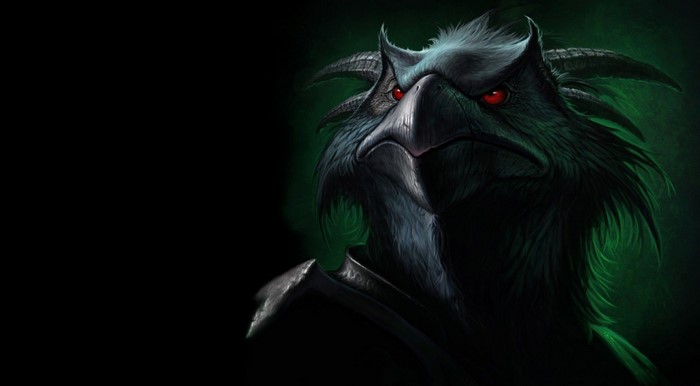 Fantasy art of a bird-like creature with red eyes