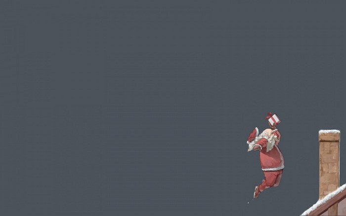 Santa Claus jumping with a gift
